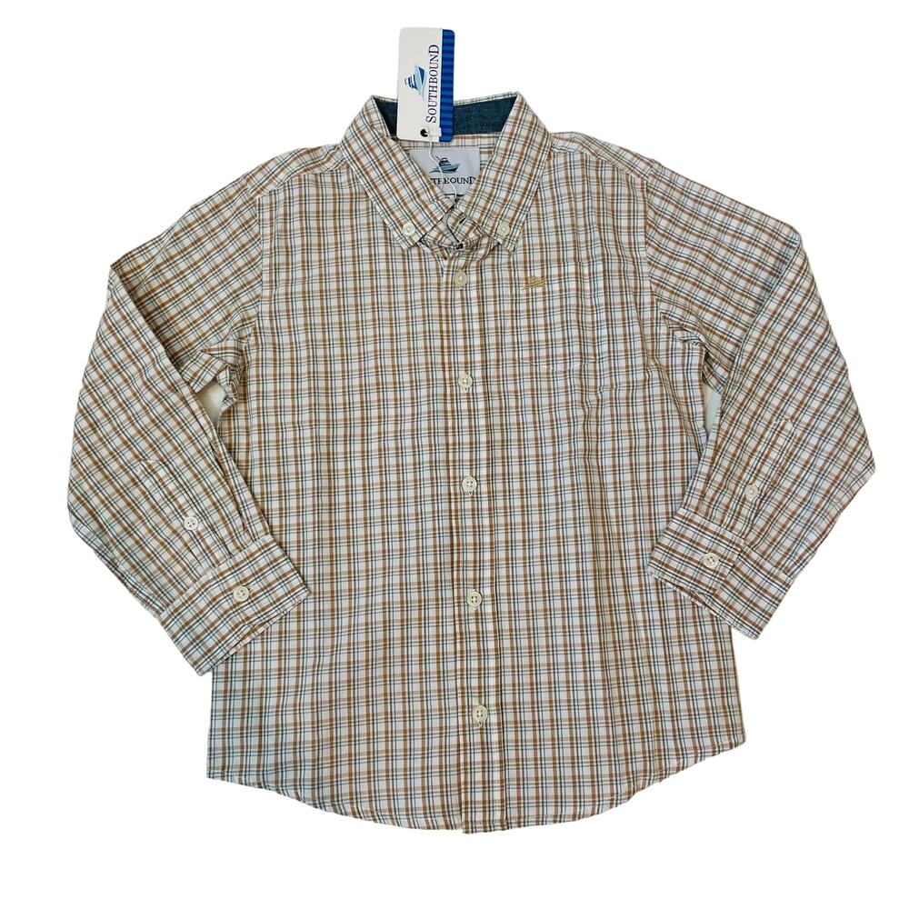 NWT Southbound Size 7 Green & Khaki Plaid Dress Shirt